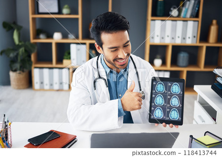 Video call, x ray and doctor with brain scan on tablet for telehealth, online consulting and patient results. Healthcare tech, communication and man on computer for medical care, neurology or service 118413744