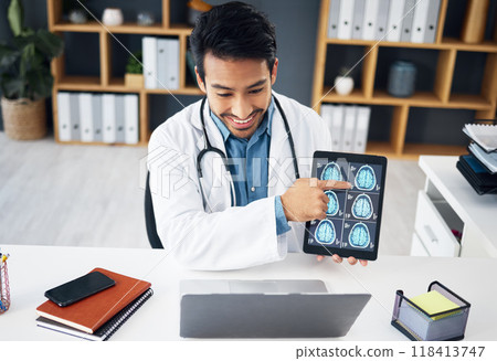 Video call, laptop and doctor with brain scan on tablet for telehealth, online consulting and patient results. Healthcare, communication and man with digital tech for medical care, service and x ray Video call, laptop and doctor with brain scan on tablet for telehealth, online consulting and patient results. Healthcare, communication and man with digital tech for medical care, service and x ray 118413747