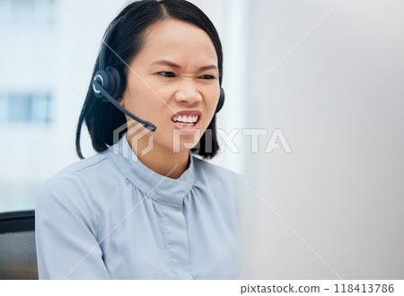 Customer service communication, computer problem and woman telemarketing on ecommerce, contact us CRM or telecom. Call center mistake, 404 website error and Asian IT consultant with software glitch 118413786
