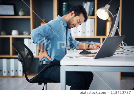 Back pain, man and stress of desk worker, muscle injury and health risk on chair. Uncomfortable worker, spine problem and posture of body, scoliosis and fatigue of backache, burnout and fibromyalgia 118413787