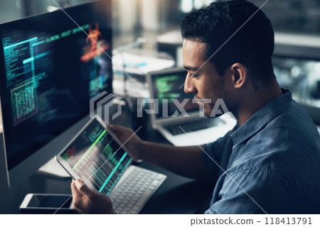 Programming, employee and man with a tablet, cyber security and computer in a modern office. Male person, programmer and coder with technology, coding and digital software with internet connection Programming, employee and man with a tablet, cyber security and computer in a modern office. Male person, programmer and coder with technology, coding and digital software with internet connection 118413791