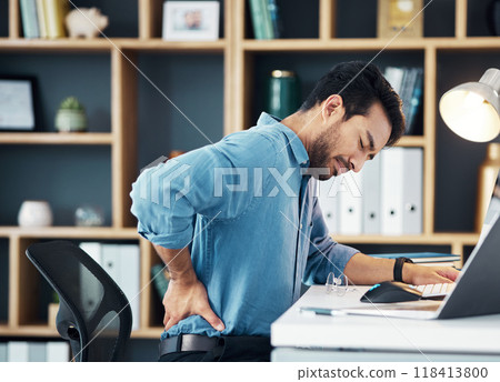Back pain, business man and office stress of muscle injury, health risk and backache on desk chair. Uncomfortable worker, spine problem and posture of body, scoliosis and fatigue of corporate burnout 118413800