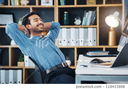 Happy business man stretching to relax from easy project, complete achievement and happiness in office. Worker, smile and hands behind head to finish tasks, rest and break for productivity at desk 118413806
