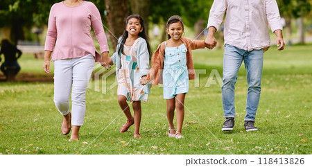 Family, park and children holding hands with parents walking, bonding and time in nature together with smile. Mother, father and kids walk on grass field for fun outdoor adventure in garden or woods Family, park and children holding hands with parents walking, bonding and time in nature together with smile. Mother, father and kids walk on grass field for fun outdoor adventure in garden or woods 118413826