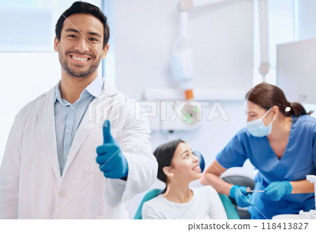 Consulting, thumbs up and portrait of dentist with patient for teeth whitening, service and dental care. Healthcare, dentistry and hand sign of orthodontist for oral hygiene, wellness and cleaning Consulting, thumbs up and portrait of dentist with patient for teeth whitening, service and dental care. Healthcare, dentistry and hand sign of orthodontist for oral hygiene, wellness and cleaning 118413827