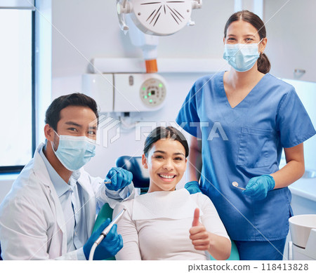 Portrait of dentist, thumbs up and patient in consultation for teeth whitening, service and dental care. Orthodontist, dentistry and woman with thank you sign for oral hygiene, healthcare or cleaning 118413828