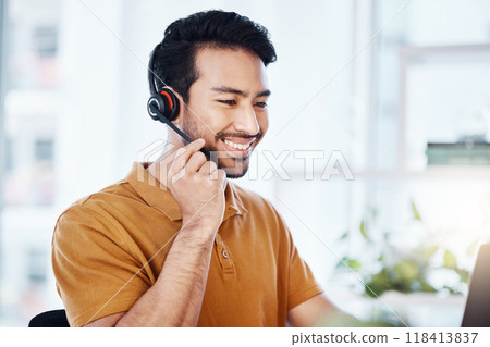 Happy man with smile, callcenter and phone call with contact us, headset and microphone with CRM. Male consultant, communication and tech with customer service job, telecom and help desk agent Happy man with smile, callcenter and phone call with contact us, headset and microphone with CRM. Male consultant, communication and tech with customer service job, telecom and help desk agent 118413837
