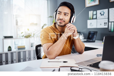 Business man, thinking and headphones to listening to music, audio or podcast. Asian male entrepreneur at desk with headset to think of ideas, strategy and plan for growth development and future 118413838