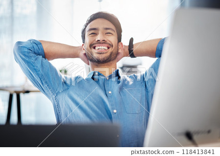 Business man, smile and stretching to relax from easy project, complete achievement or happiness in office. Happy worker, hands behind head and finish tasks, target and break for mindset hope at desk 118413841