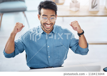 Success, yes and happy businessman in office, celebrating and excited for email, review or loan approval. Hands, celebration and corporate male online winner with emoji, wow or winning gesture Success, yes and happy businessman in office, celebrating and excited for email, review or loan approval. Hands, celebration and corporate male online winner with emoji, wow or winning gesture 118413844