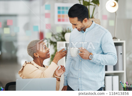 Coffee, toast and teamwork with business people in office for support, lunch break and friends. Networking, communication and social with man and black woman for conversation, happy and discussion 118413856