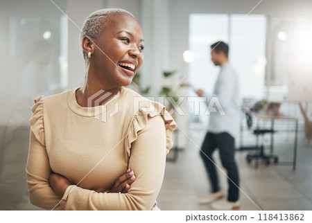 Happy black woman in business office, workplace or company with career mindset for Human Resources. Profile of a proud worker, employee or staff busy in professional workspace for job opportunity 118413862