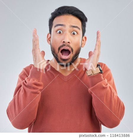 Surprise, shock face and portrait of man on white background with emoji, comic and facial expression. Wow mockup, omg and isolated male in studio with shocking information, news or announcement 118413886