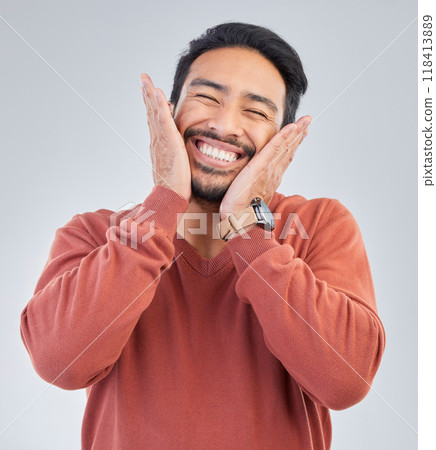 Happy, smile and face of man on a white background with emoji, comic and facial expression in studio. Wow mockup, omg surprise and isolated excited male with good news, success and winner reaction Happy, smile and face of man on a white background with emoji, comic and facial expression in studio. Wow mockup, omg surprise and isolated excited male with good news, success and winner reaction 118413889