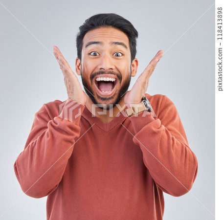 Surprise, excited and portrait of man happy on white background with emoji, comic and facial expression. Wow mockup, omg and isolated male in studio with good news, celebration and winning success 118413898