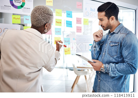 Man, woman and glass for writing, planning or brainstorming with tablet, thinking and goals. Young business people, moodboard or notes for teamwork, stats or chart at startup for marketing strategy 118413911