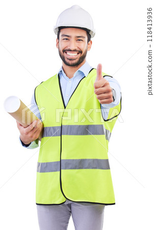 Architect thumbs up, portrait and man smile for blueprint success feedback, real estate design vote or engineer agreement. Construction floor plan, emoji yes icon or studio person on white background 118413936