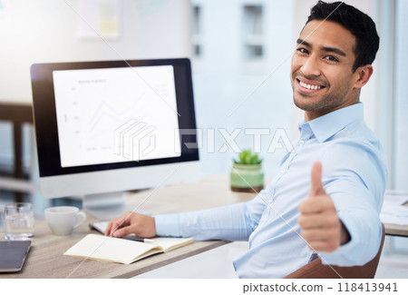 Businessman, thumbs up and smile portrait with computer screen for seo, sales growth and graph. Happy asian male entrepreneur with tech, hand sign or emoji for support, thank you or goal success 118413941