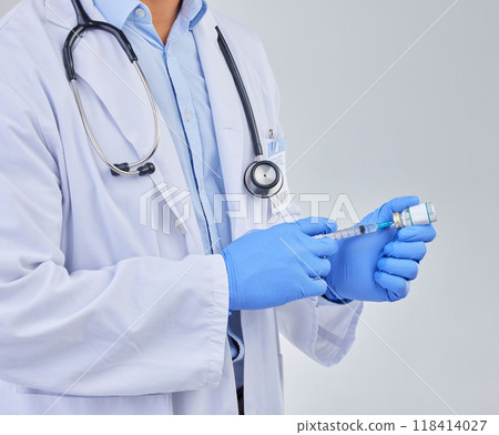 Injection, doctor hands and vaccine vial in studio for safety, healthcare and pharmaceutical medicine. Closeup, vaccination and liquid bottle for virus risk, immunity and medical antibiotics drugs 118414027