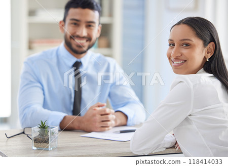 Job interview, hiring and portrait of business people for meeting, vacancy and career opportunity in office. Corporate boss, recruitment and happy man and woman with resume, contract or CV documents Job interview, hiring and portrait of business people for meeting, vacancy and career opportunity in office. Corporate boss, recruitment and happy man and woman with resume, contract or CV documents 118414033