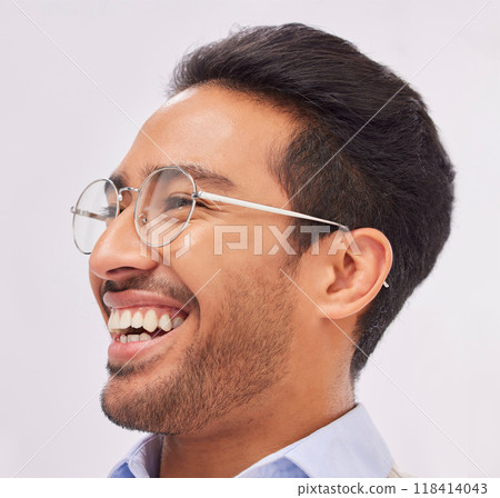 Face, glasses and vision of happy man with a smile and new frames, eyewear and spectacles isolated in a studio white background. Head, optometry and excited young male person for eyecare 118414043