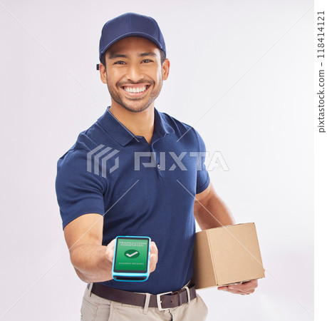 Payment, happy and a portrait of a man doing a delivery isolated on a white background in a studio. Retail, ecommerce and an Asian courier with a card machine for a package, box and shipment 118414121