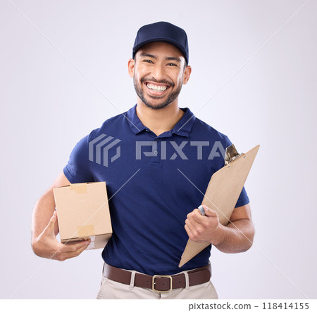 Portrait of delivery man isolated on studio background courier services, supply chain and clipboard checklist. Asian worker, business or logistics person with package in Korea distribution of product Portrait of delivery man isolated on studio background courier services, supply chain and clipboard checklist. Asian worker, business or logistics person with package in Korea distribution of product 118414155