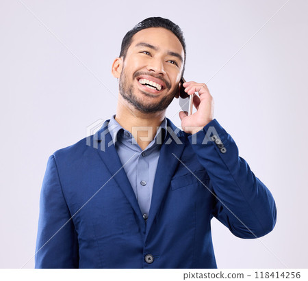 Excited, business and Asian man with success, phone call and connection against a grey studio background. Japanese male employee, ceo and entrepreneur with smartphone, talking and networking signal Excited, business and Asian man with success, phone call and connection against a grey studio background. Japanese male employee, ceo and entrepreneur with smartphone, talking and networking signal 118414256
