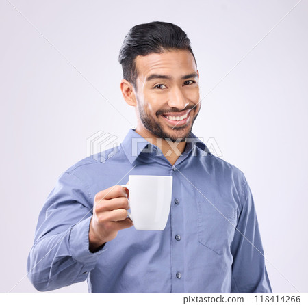 Business man, coffee cup toast and studio portrait with smile, motivation and start morning by background. Happy asian businessman, drink and cheers for success, focus and energy for job by backdrop Business man, coffee cup toast and studio portrait with smile, motivation and start morning by background. Happy asian businessman, drink and cheers for success, focus and energy for job by backdrop 118414266