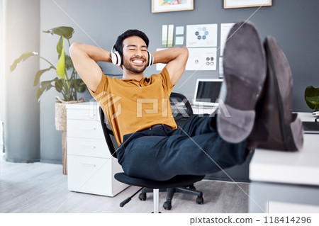Office music, relax and happy man finished with business work, listening to calm podcast or radio audio sound. Headphones, easy and professional worker, employee or male agent streaming song track 118414296