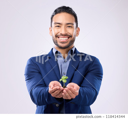 Portrait of plant in man hands isolated on white background sustainability for business growth or eco friendly investment. Sapling soil in Asian person palm for sustainable, green startup in studio 118414344