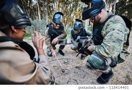 Paintball, team and military strategy with mission, teamwork and war zone with sports outdoor. Soldier group, people planning tactical game plan on battlefield with adventure and communication 118414401