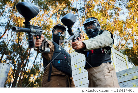 Paintball, sports teamwork and men with gun for game, battle or competition. Collaboration, portrait or cooperation of people or friends on shooting range ready for target, aim practice and training Paintball, sports teamwork and men with gun for game, battle or competition. Collaboration, portrait or cooperation of people or friends on shooting range ready for target, aim practice and training 118414403