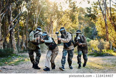 Battlefield, military and people with guns for paintball, shooting game and training in nature. Army, teamwork and group of friends playing games, running for battle and target adventure in forest 118414407