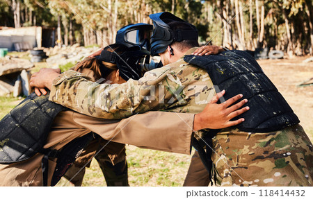 Group, paintball or team in huddle planning strategy goals, or soldier training on war battlefield together. Community or army soldiers talking for support, collaboration or military people game 118414432