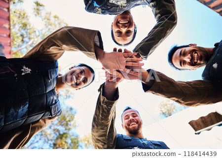 Portrait, team motivation or hands in huddle for goals, hope or soldier training on war battlefield. Mission, low angle or happy army friends in solidarity and support in paintball or military group Portrait, team motivation or hands in huddle for goals, hope or soldier training on war battlefield. Mission, low angle or happy army friends in solidarity and support in paintball or military group 118414439