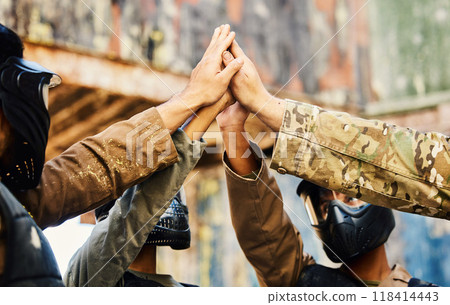 Motivation, paintball team or hands high five on a mission, friends or soldier training on war battlefield. Goals, target success or people with support in partnership or military group solidarity 118414443