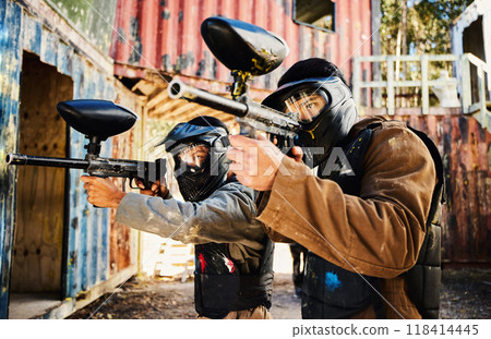 Paintball, target training or men with guns in shooting game with teamwork on fun army battlefield mission. Focused male soldiers aim war weapons for fighting or group survival in military challenge Paintball, target training or men with guns in shooting game with teamwork on fun army battlefield mission. Focused male soldiers aim war weapons for fighting or group survival in military challenge 118414445