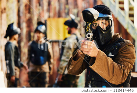 Paintball, focus or portrait of man with gun in shooting game playing in action battlefield mission. War, hero or focused soldier with army weapons gear in survival military challenge competition Paintball, focus or portrait of man with gun in shooting game playing in action battlefield mission. War, hero or focused soldier with army weapons gear in survival military challenge competition 118414446