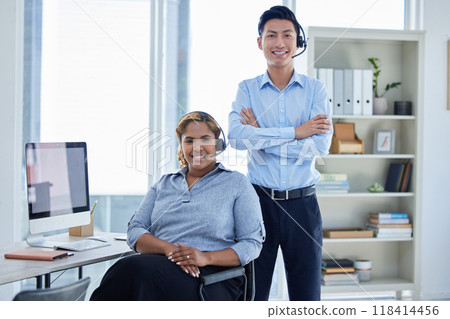 Call center, happy and portrait of business people in office for customer service, contact us and telemarketing. Smile, advice and help desk with Asian man and woman for communication and networking 118414456