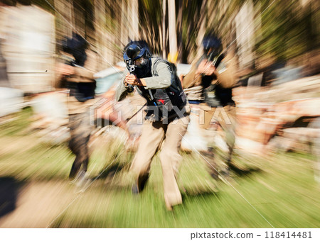 Blurred, military and people with guns for paintball, training and action game in nature. Fitness, defocused and soldier men shooting for war on battlefield, physical activity or cardio in a forest 118414481