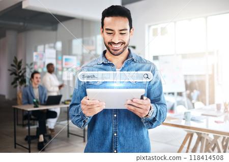 Businessman, tablet or search engine hologram for information, 3D or SEO graphic for iot research. Smile, happy and creative Asian person on digital technology for internet browsing overlay in office Businessman, tablet or search engine hologram for information, 3D or SEO graphic for iot research. Smile, happy and creative Asian person on digital technology for internet browsing overlay in office 118414508