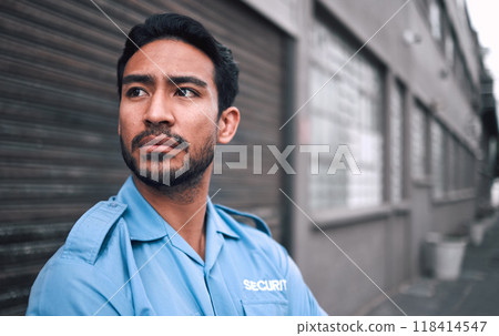 Serious, security guard or safety officer man on the street for protection, patrol or watch. Law enforcement, focus and duty with a crime prevention male worker in uniform in the city 118414547