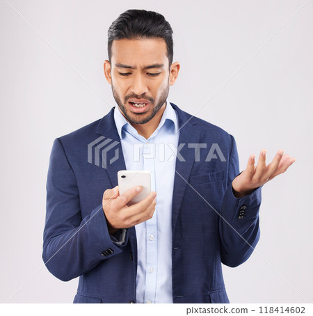 Phone, fail and asian man in studio confused with scam, alert or internet glitch on grey background. Stress, smartphone and online problem for Japanese guy angry by spam, phishing or 404 error crisis 118414602