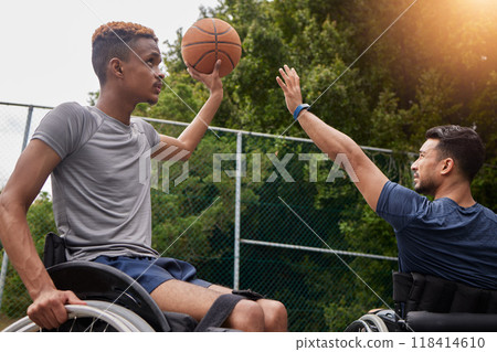 Sports, basketball goal and men in wheelchair for playing competition, challenge and practice outdoors. Fitness, wellness and male people with disability with ball for training, workout and exercise Sports, basketball goal and men in wheelchair for playing competition, challenge and practice outdoors. Fitness, wellness and male people with disability with ball for training, workout and exercise 118414610