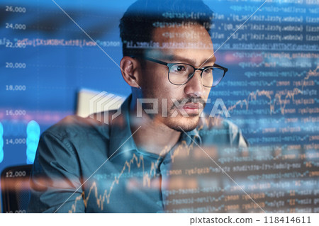 Computer, code hologram and business man in data analysis, coding technology and software overlay at night. Programmer or person focus on html script, programming statistics or cybersecurity research Computer, code hologram and business man in data analysis, coding technology and software overlay at night. Programmer or person focus on html script, programming statistics or cybersecurity research 118414611