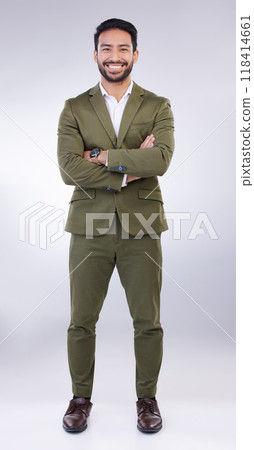 Business man, smile and arms crossed portrait in studio with pride for career or job on gray background. Asian entrepreneur person with dedication and ambition for professional occupation and mindset Business man, smile and arms crossed portrait in studio with pride for career or job on gray background. Asian entrepreneur person with dedication and ambition for professional occupation and mindset 118414661