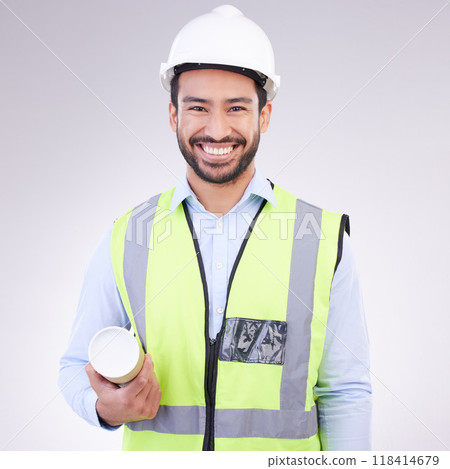 Portrait of construction worker man isolated on a white background engineering, architecture and design career. Happy face of asian builder, contractor or industrial person with safety gear in studio 118414679