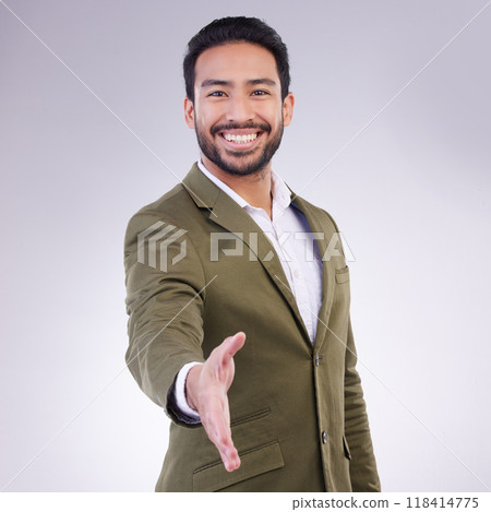 Greeting or portrait of businessman handshake gesture with a smile and happy isolated in a studio white background. Professional, employee and man corporate worker shaking hand offer to welcome 118414775