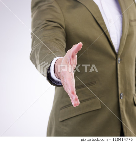 Hand, thank you and businessman handshake gesture for partnership isolated in a studio white background. Professional, employee and corporate person or worker with greeting offer to welcome Hand, thank you and businessman handshake gesture for partnership isolated in a studio white background. Professional, employee and corporate person or worker with greeting offer to welcome 118414776
